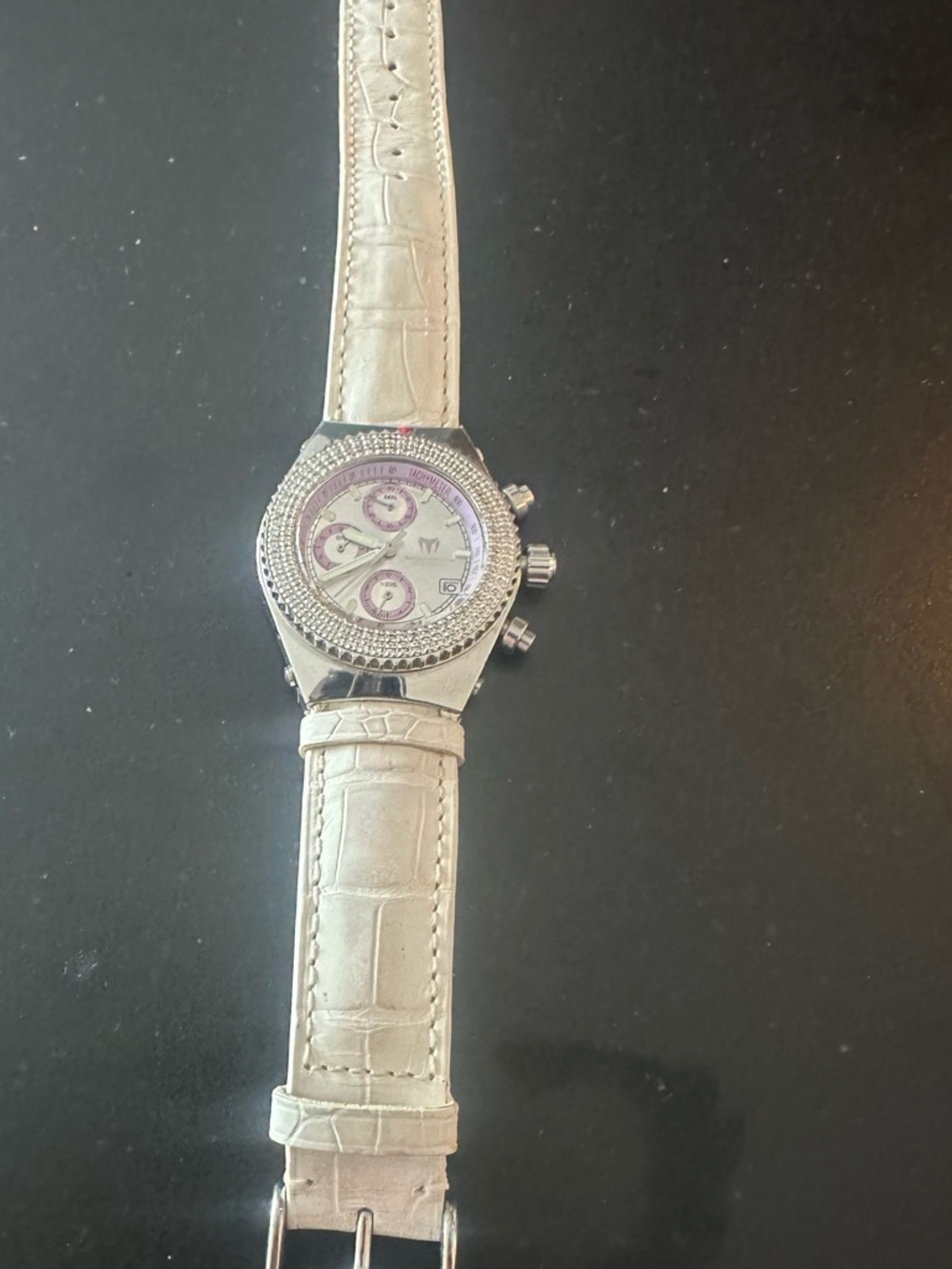 Technomarine White Leather Strap Crystal-Trim Chronograph with Purple Accents